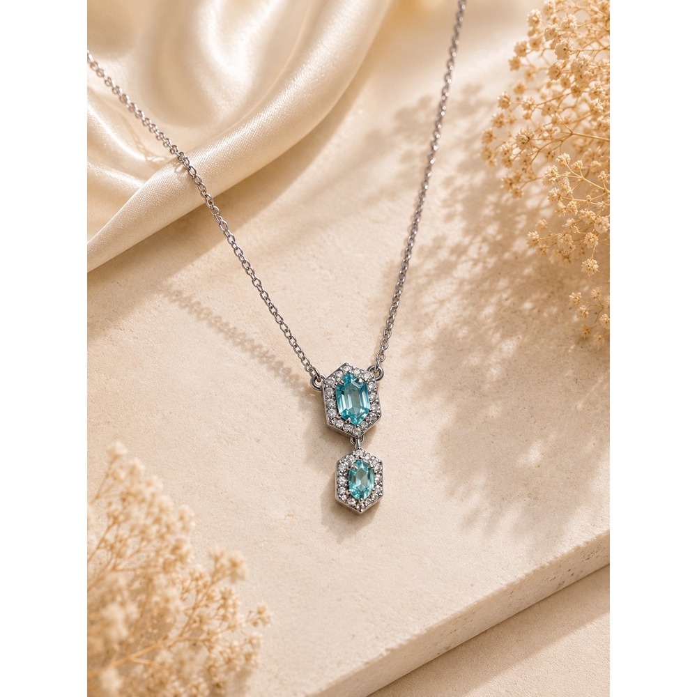 Bomb Party Aqua Blue Hexagon Double Drop Necklace Rhodium Plated Silver Tone